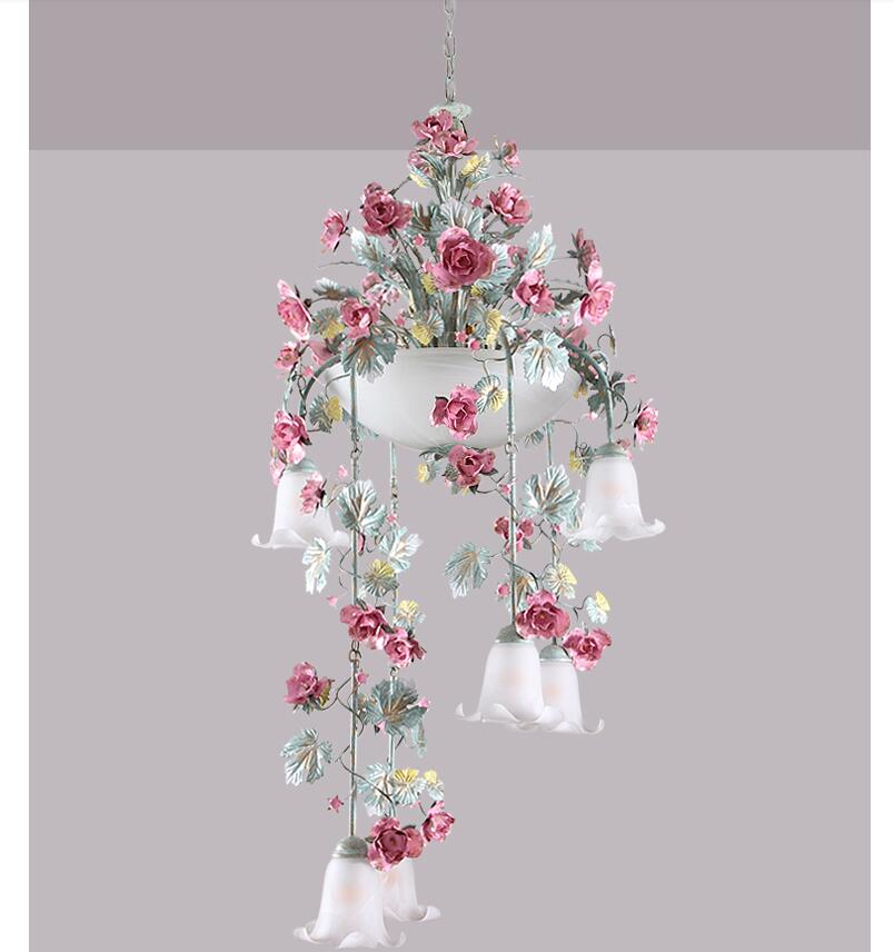 Floral Art Deco Chandelier Lamp - Pink Rose Flower Lustre Light Fixture For Decoration Pendant