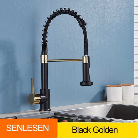 Golden Kitchen Spring Faucet Brass Deck Mount 360 Degree Rotate Stream &amp; Sprayer Nozzle Hot Cold