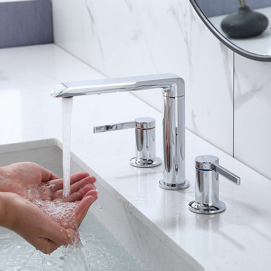 Brushed Gold Bathroom Widespread Basin Faucets Soild Brass Sink Mixer Hot &amp; Cold Lavatory Crane
