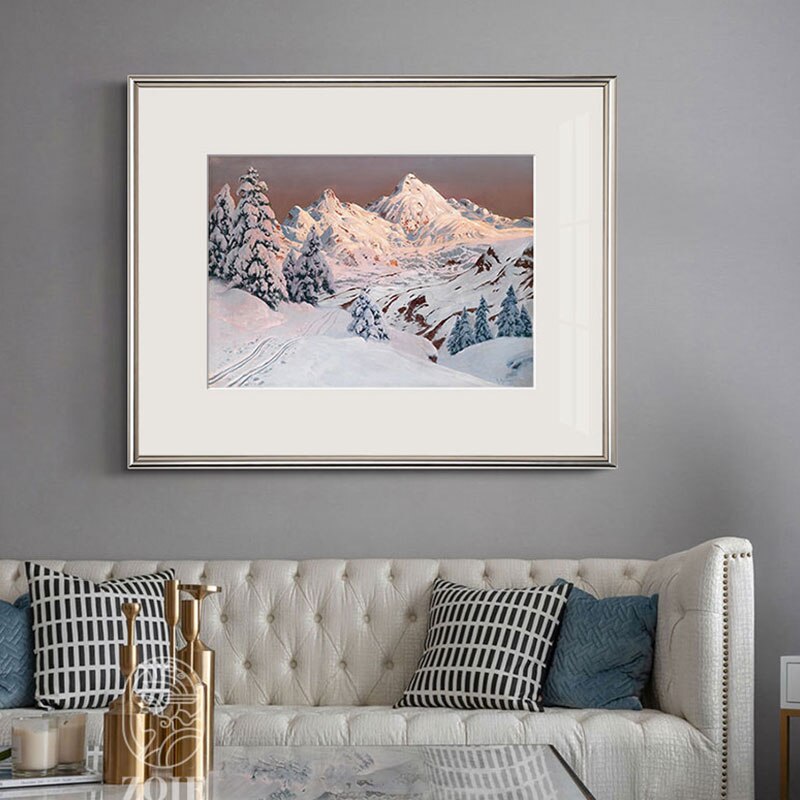 Nordic Snow Mountain Landscape Posters: Modern White Border Wall Art Painting