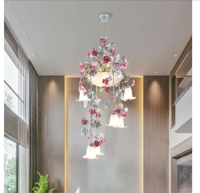 Floral Art Deco Chandelier Lamp - Pink Rose Flower Lustre Light Fixture For Decoration Pendant