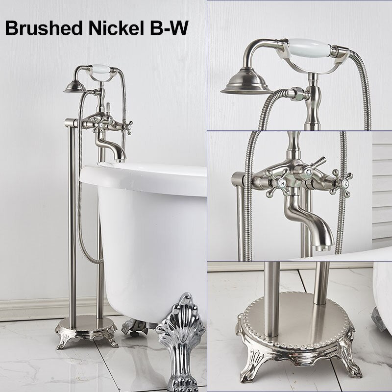 Gold Bathtub Shower Faucet Deck Mount Dual Tube Hot Cold Mixer Systems With Rainfall Handheld Floor