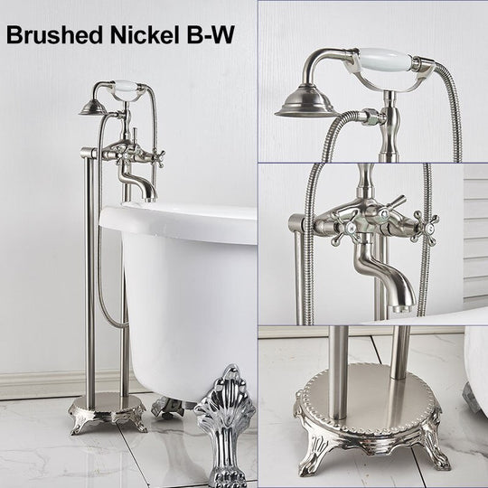 Gold Bathtub Shower Faucet Deck Mount Dual Tube Hot Cold Mixer Systems With Rainfall Handheld Floor