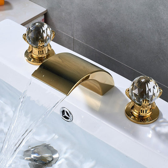Bathroom Crystal Handle Golden Waterfall Basin Faucet Deck Mount Widespread Tub Sink Chrome Hot And