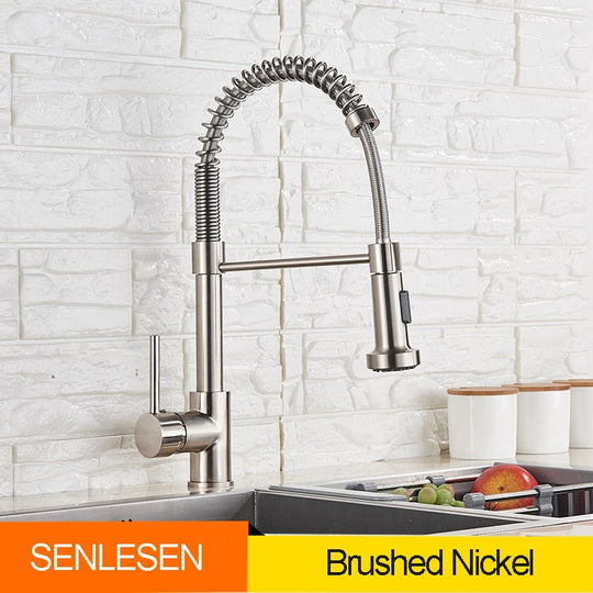 Golden Kitchen Spring Faucet Brass Deck Mount 360 Degree Rotate Stream &amp; Sprayer Nozzle Hot Cold