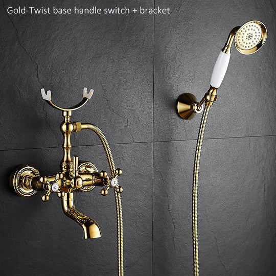 Luxury Crystal Handle Bathtub Gold Brass Faucet With Hand Shower Telephone Type Bath Faucets Sets