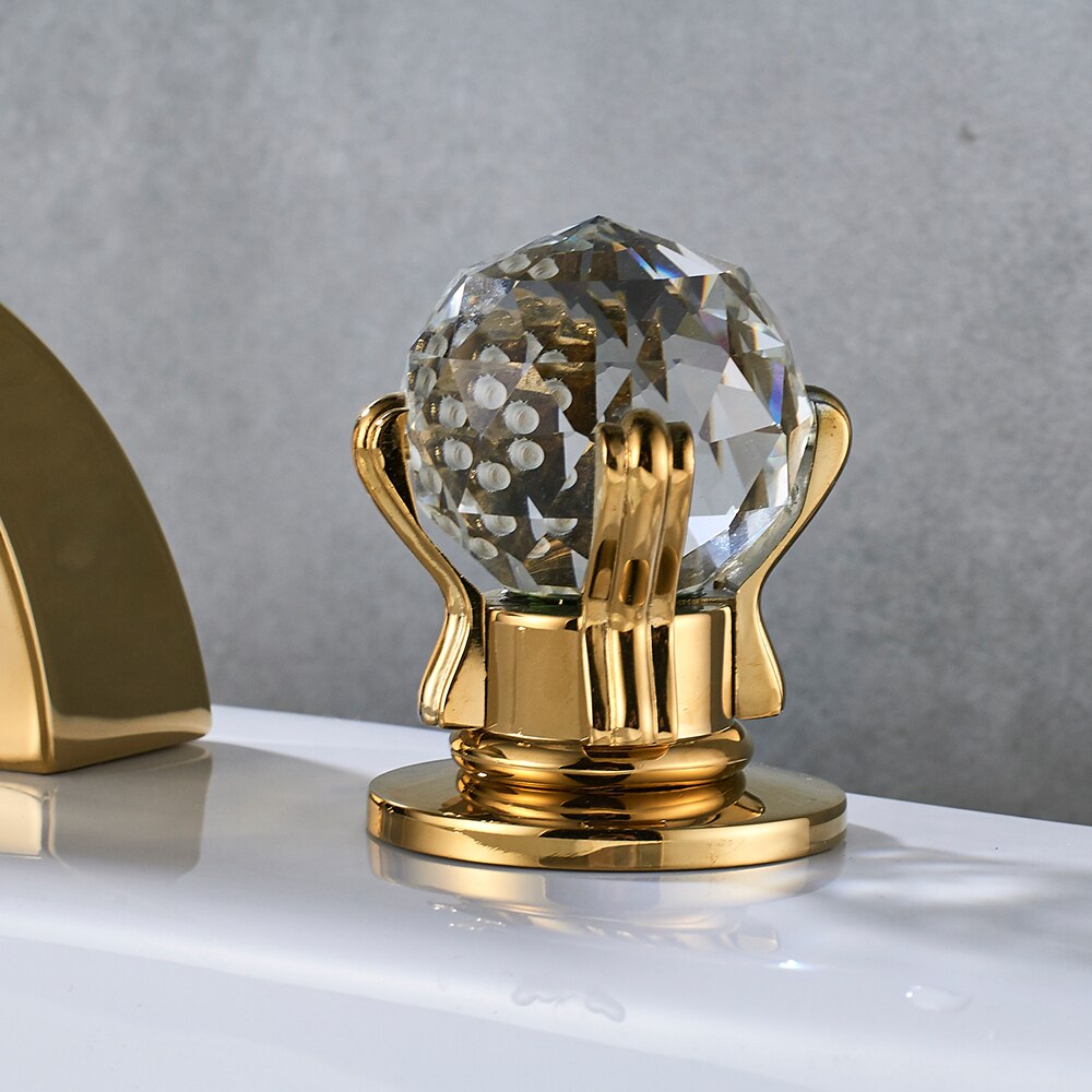 Bathroom Crystal Handle Golden Waterfall Basin Faucet Deck Mount Widespread Tub Sink Chrome Hot And