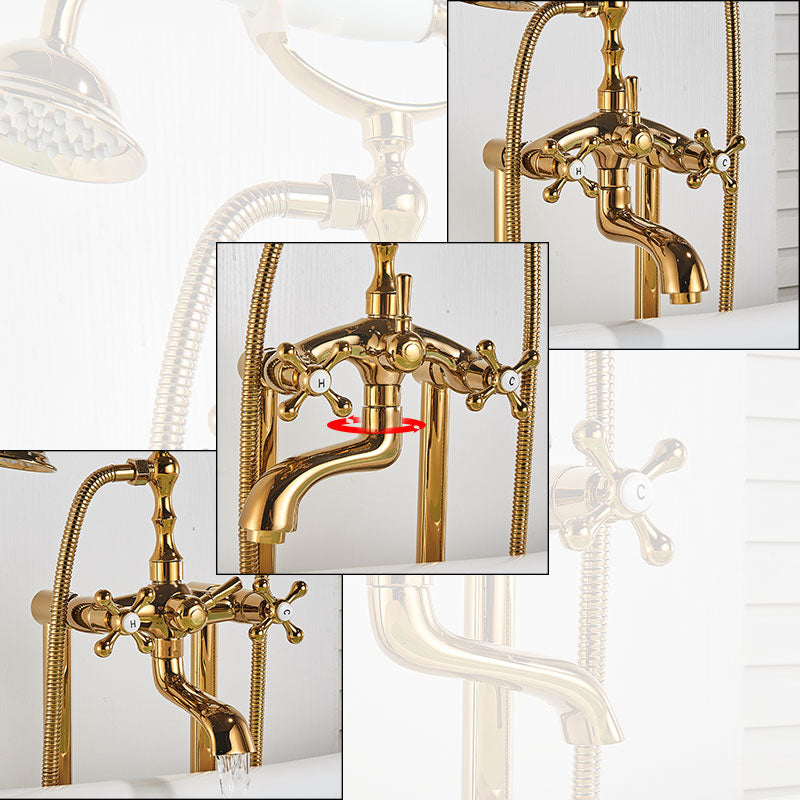 Gold Bathtub Shower Faucet Deck Mount Dual Tube Hot Cold Mixer Systems With Rainfall Handheld Floor