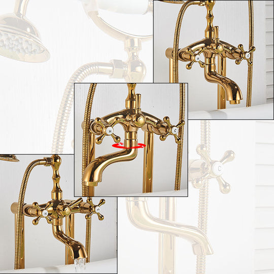 Gold Bathtub Shower Faucet Deck Mount Dual Tube Hot Cold Mixer Systems With Rainfall Handheld Floor