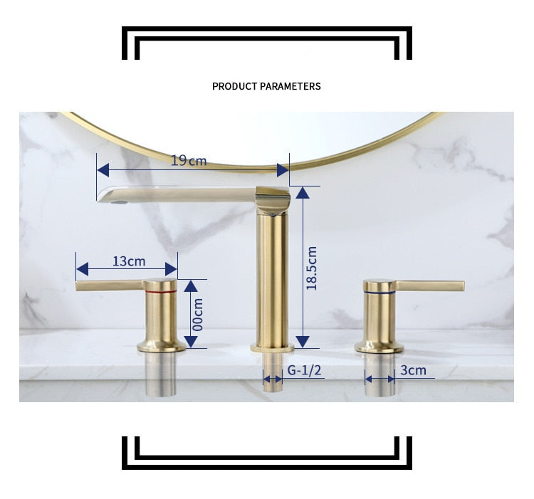 Brushed Gold Bathroom Widespread Basin Faucets Soild Brass Sink Mixer Hot &amp; Cold Lavatory Crane