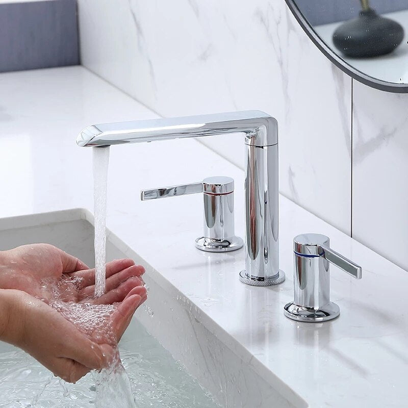 Brushed Gold Bathroom Widespread Basin Faucets Soild Brass Sink Mixer Hot &amp; Cold Lavatory Crane