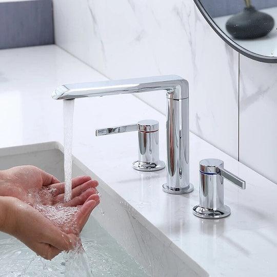 Brushed Gold Bathroom Widespread Basin Faucets Soild Brass Sink Mixer Hot &amp; Cold Lavatory Crane