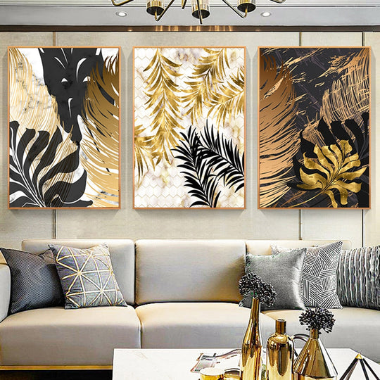 Golden Leaf &amp; Marble Nordic Canvas - Abstract Modern Art For Home Decor Printings
