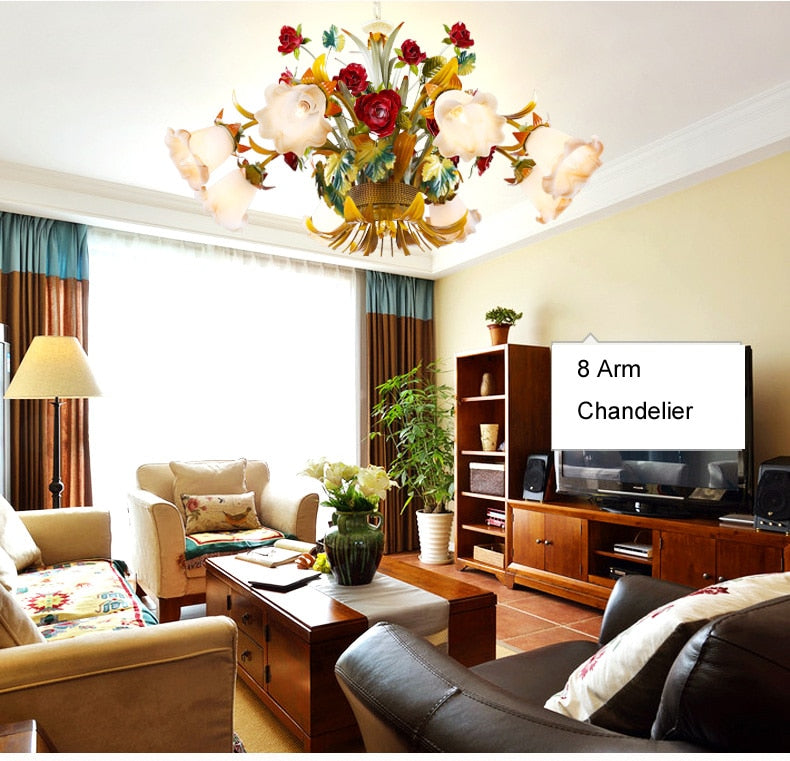 Modern Flower Led Chandelier Lighting Glass Shade Rose Lamp Living Room Decora Candle Hanging