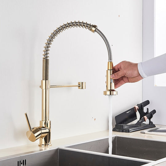 Golden Kitchen Spring Faucet Brass Deck Mount 360 Degree Rotate Stream &amp; Sprayer Nozzle Hot Cold