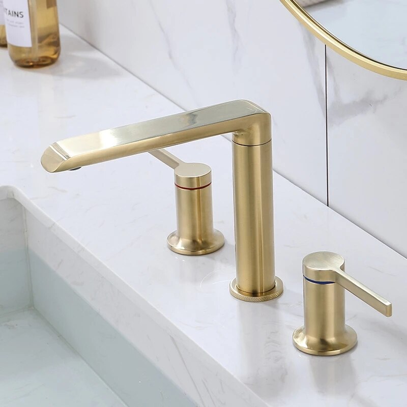 Brushed Gold Bathroom Widespread Basin Faucets Soild Brass Sink Mixer Hot &amp; Cold Lavatory Crane