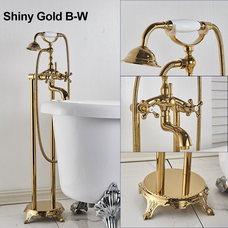 Gold Bathtub Shower Faucet Deck Mount Dual Tube Hot Cold Mixer Systems With Rainfall Handheld Floor