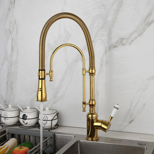 Golden Spring Pull Down Kitchen Sink Faucet Hot &amp; Cold Water Mixer Crane Tap With Dual Spout Deck