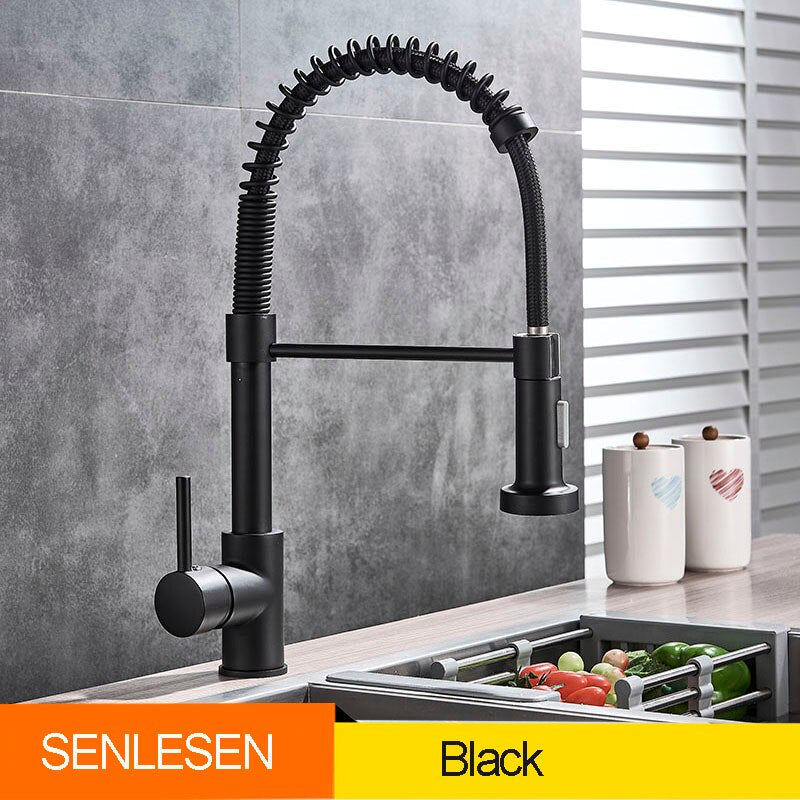 Golden Kitchen Spring Faucet Brass Deck Mount 360 Degree Rotate Stream &amp; Sprayer Nozzle Hot Cold