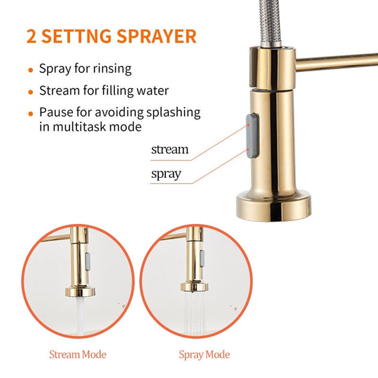 Golden Kitchen Spring Faucet Brass Deck Mount 360 Degree Rotate Stream &amp; Sprayer Nozzle Hot Cold