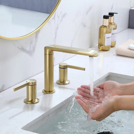 Brushed Gold Bathroom Widespread Basin Faucets Soild Brass Sink Mixer Hot &amp; Cold Lavatory Crane