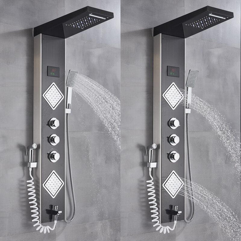 Luxury Brushed Nickle Bathroom Shower Faucet Led Panel Column Bathtub Mixer Tap W/Hand Temperature