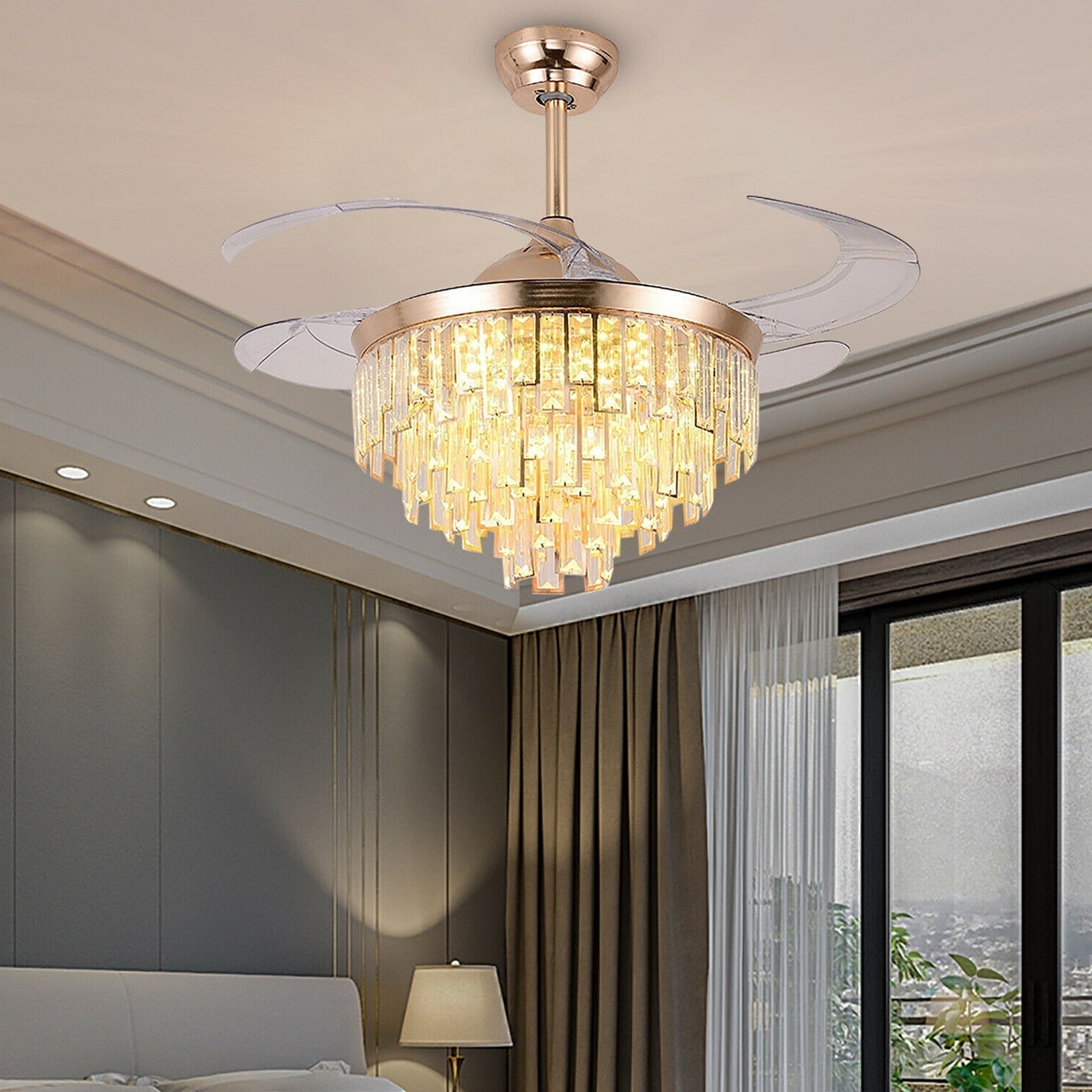 Modern Crystal Dimmable Led Ceiling Light - Chandelier Lamp With Fan Includes Remote Ideal For Home