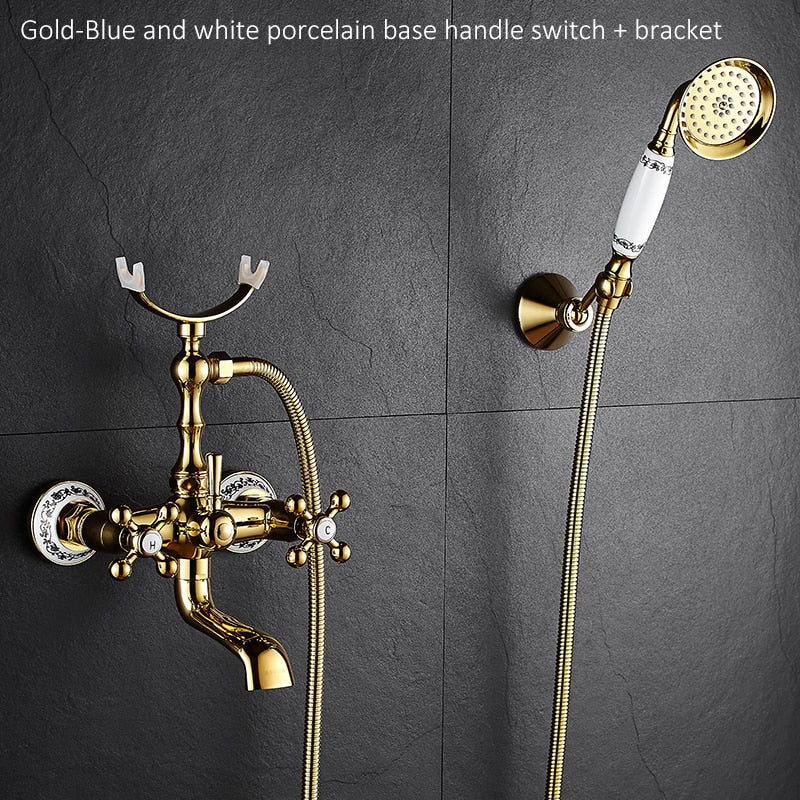 Luxury Crystal Handle Bathtub Gold Brass Faucet With Hand Shower Telephone Type Bath Faucets Sets