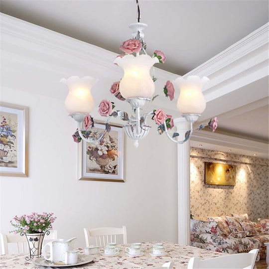 Floral E27 Led Chandelier White Flower Iron Alloy Chandeliers Dining Living Room Rose Lights Lamp