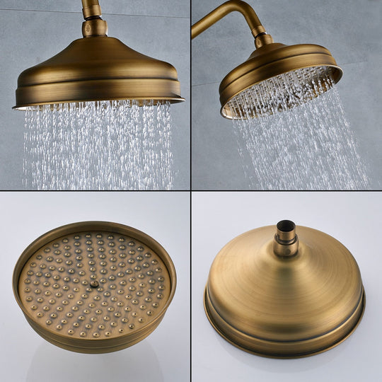 Wall Mounted Antique Brass Shower Set 8 Inch Round Rainfall Head Wide Tub Spout Hand Sprayer Mixer