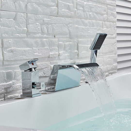 Deck Mount 3Pcs Waterfall Bathtub Faucet Single Handle Handheld Tub Mixer Taps Chrome Widespread