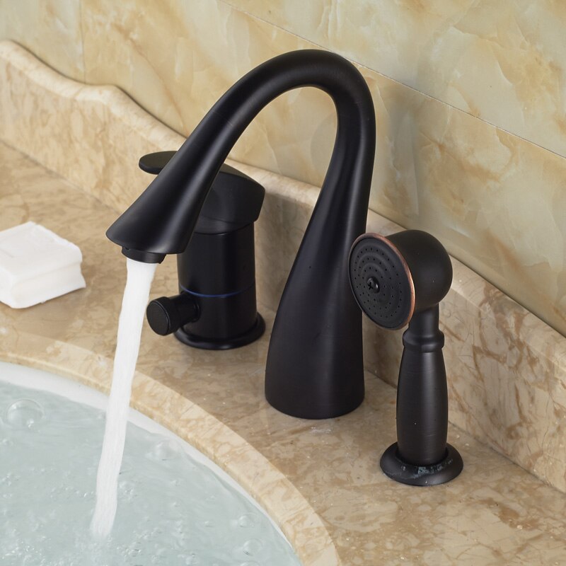 Deck Mounted Widespread 3Pc Bathroom Bath Tub Mixer Faucet Brass Handshower Goose Neck Spout Taps