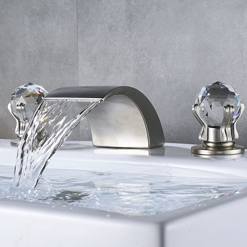 Bathroom Crystal Handle Golden Waterfall Basin Faucet Deck Mount Widespread Tub Sink Chrome Hot And