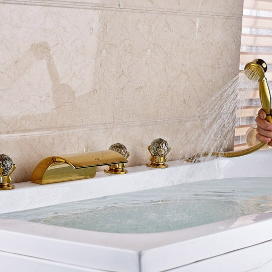 Deck Mounted Waterfall 5Pcs Bath Tub Faucet Mixers Widespread With Led Light Bathtub Handshower