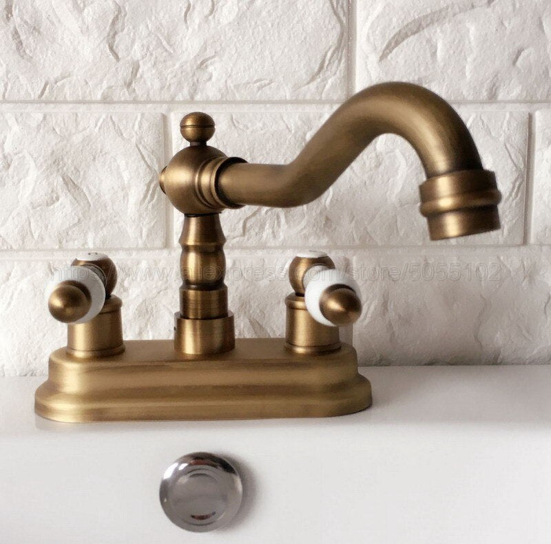 Antique Brass Double Handle Bathroom Wash Basin Mixer Taps / 2 Hole Deck Mounted Swivel Spout