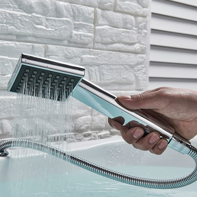 Deck Mount 3Pcs Waterfall Bathtub Faucet Single Handle Handheld Tub Mixer Taps Chrome Widespread