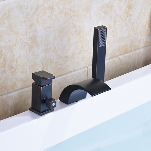 Deck Mounted 3Pc Waterfall Bathroom Tub Mixer Faucet Single Lever With Handshower Bathtub Hot And