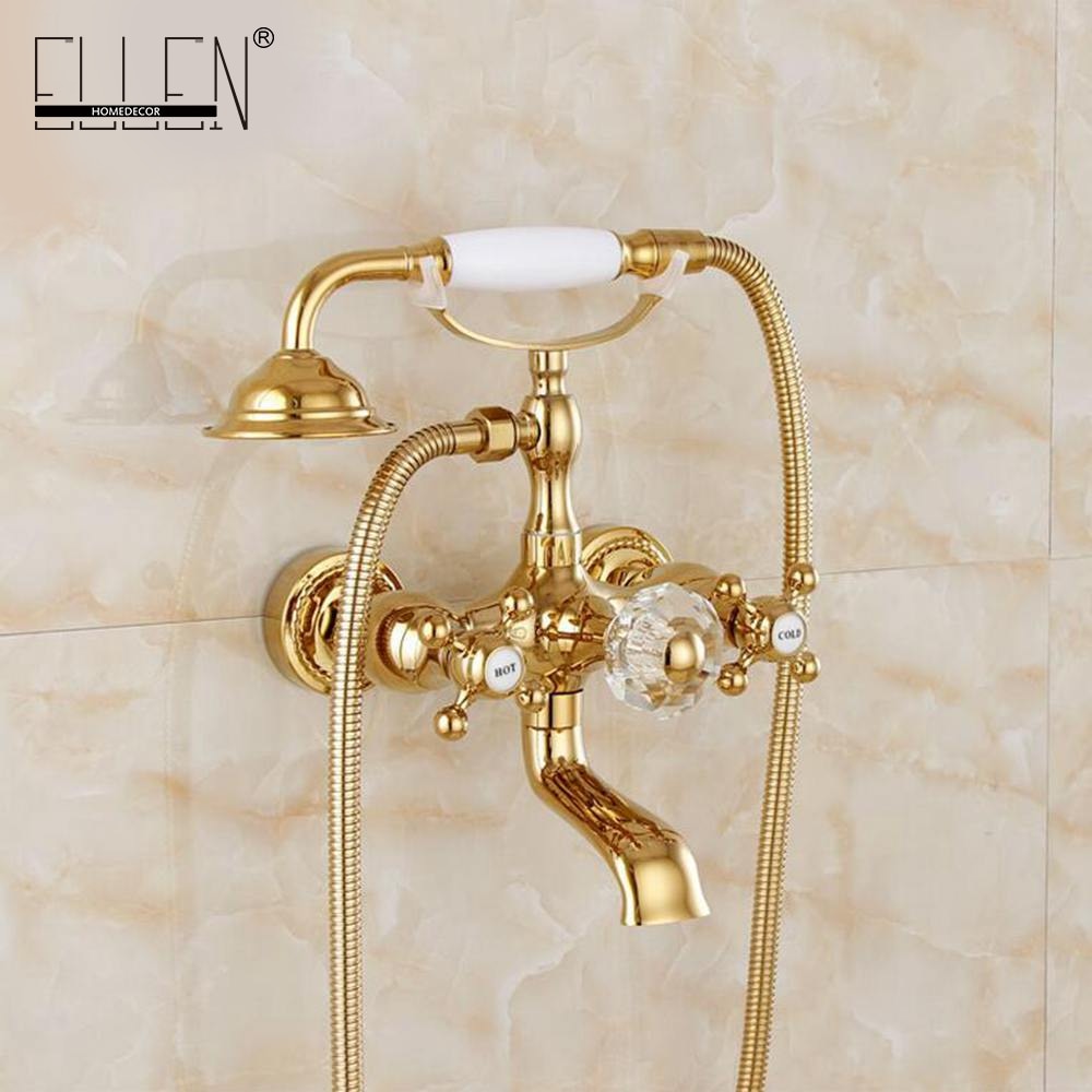 Luxury Crystal Handle Bathtub Gold Brass Faucet With Hand Shower Telephone Type Bath Faucets Sets