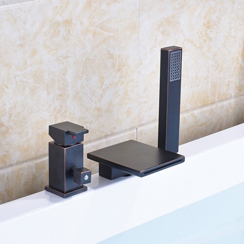 Deck Mounted 3Pc Waterfall Bathroom Tub Mixer Faucet Single Lever With Handshower Bathtub Hot And