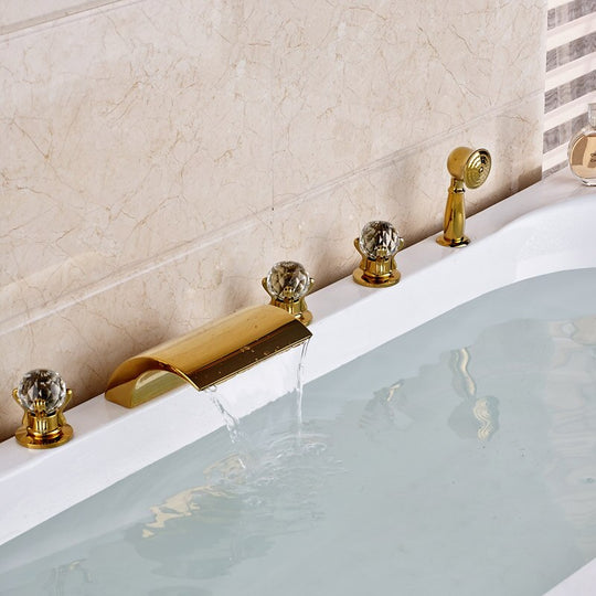 Deck Mounted Waterfall 5Pcs Bath Tub Faucet Mixers Widespread With Led Light Bathtub Handshower