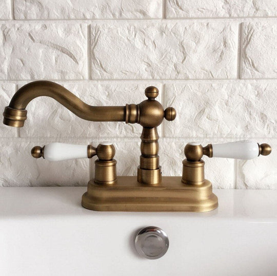 Antique Brass Double Handle Bathroom Wash Basin Mixer Taps / 2 Hole Deck Mounted Swivel Spout