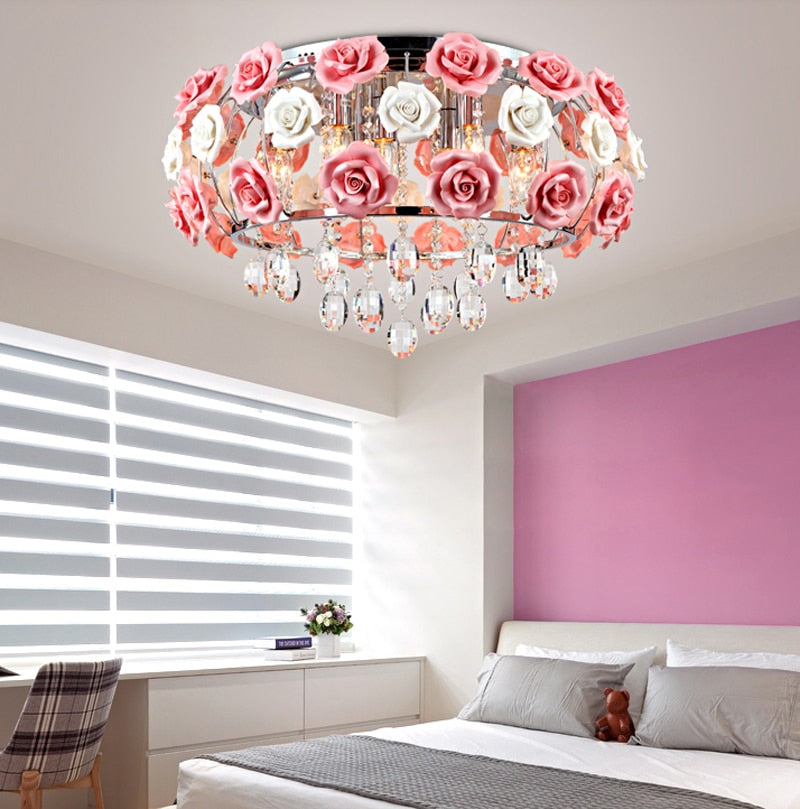 Modern Led Crystal Chandelier Lighting Ceramics Rose Flower Style Chandeliers Ceiling For Living