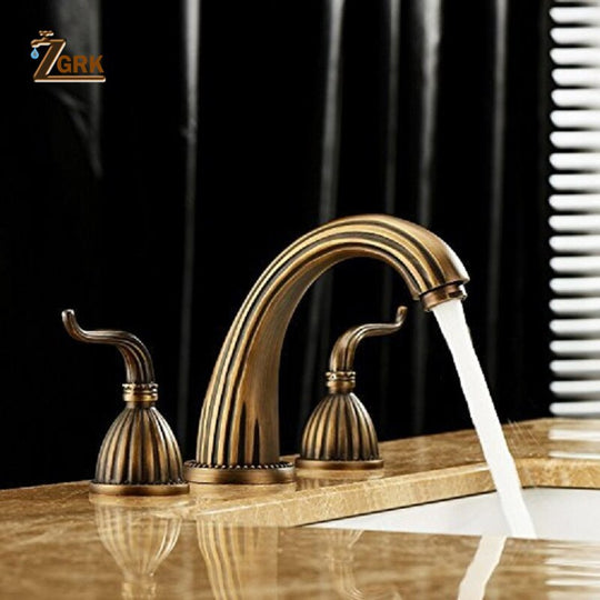 Antique Brass Finished Bathroom Bathtub Faucet Double Handles 3 Pcs Basin Mixer Tap Gold Sink