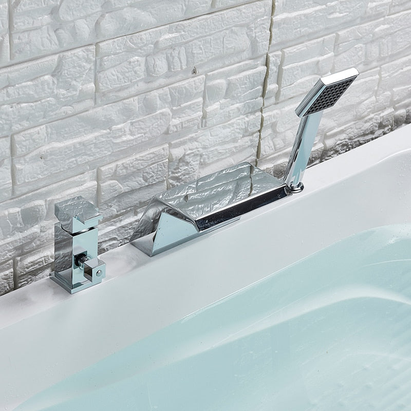 Deck Mount 3Pcs Waterfall Bathtub Faucet Single Handle Handheld Tub Mixer Taps Chrome Widespread