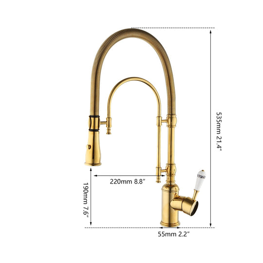 Golden Spring Pull Down Kitchen Sink Faucet Hot &amp; Cold Water Mixer Crane Tap With Dual Spout Deck