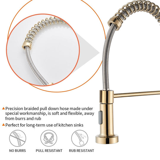 Golden Kitchen Spring Faucet Brass Deck Mount 360 Degree Rotate Stream &amp; Sprayer Nozzle Hot Cold