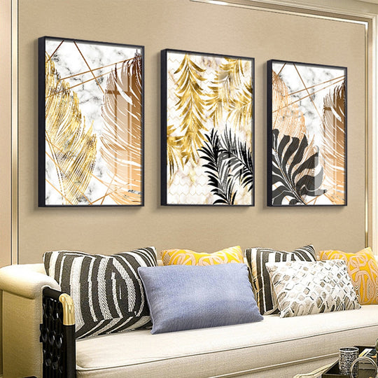 Golden Leaf &amp; Marble Nordic Canvas - Abstract Modern Art For Home Decor Printings