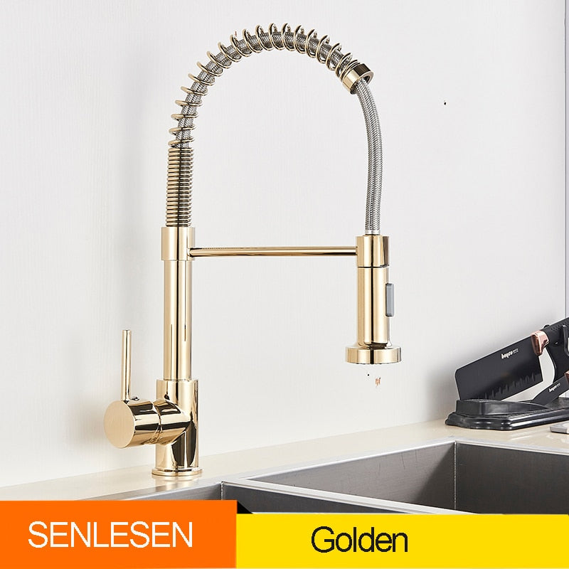 Golden Kitchen Spring Faucet Brass Deck Mount 360 Degree Rotate Stream &amp; Sprayer Nozzle Hot Cold