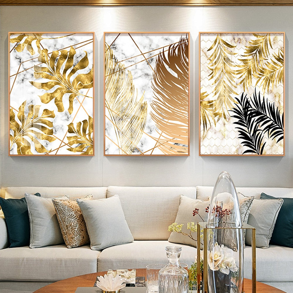 Golden Leaf &amp; Marble Nordic Canvas - Abstract Modern Art For Home Decor Printings