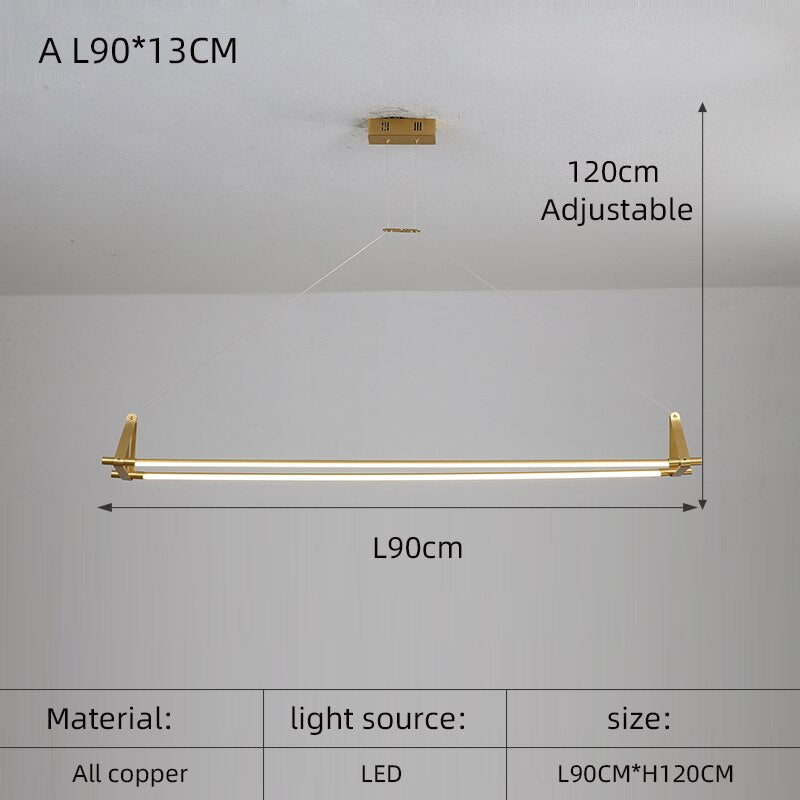 Modern Simple Copper Led Long Chandelier Restaurant Coffee Shop Front Desk Office Creative